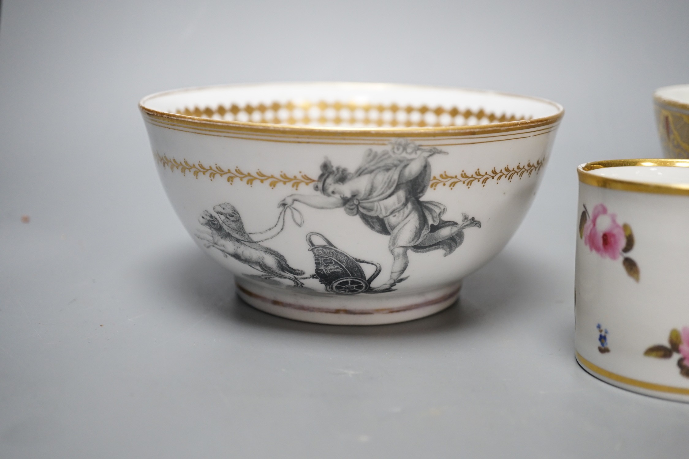 An interesting Regency porcelain bowl printed with two chariots, one pulled by sheep having a man perhaps from the aristocracy of the time, the other side with a woman in the chariot pulled by two birds, a Barr Worcester